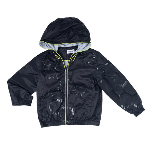 Giacca antivento nera con cappuccio e zip lime per bambino