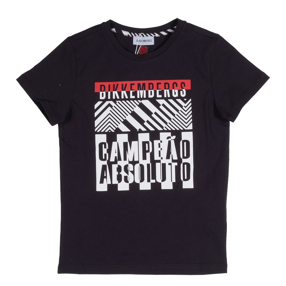 T-shirt from the Bikkembergs children's clothing line, with colored print on the front on a black...