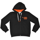 Felpa nera con zip e cappuccio con interno arancione e scritta BKK arancione