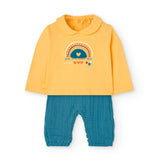 Completo maglia gialla con collo tondo e pantalone turchese per bambina