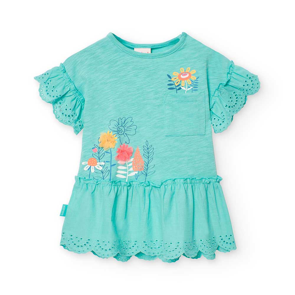 Little dress from the Boboli Girls' Clothing Line, with a front pocket and colorful appliqués. Ey...