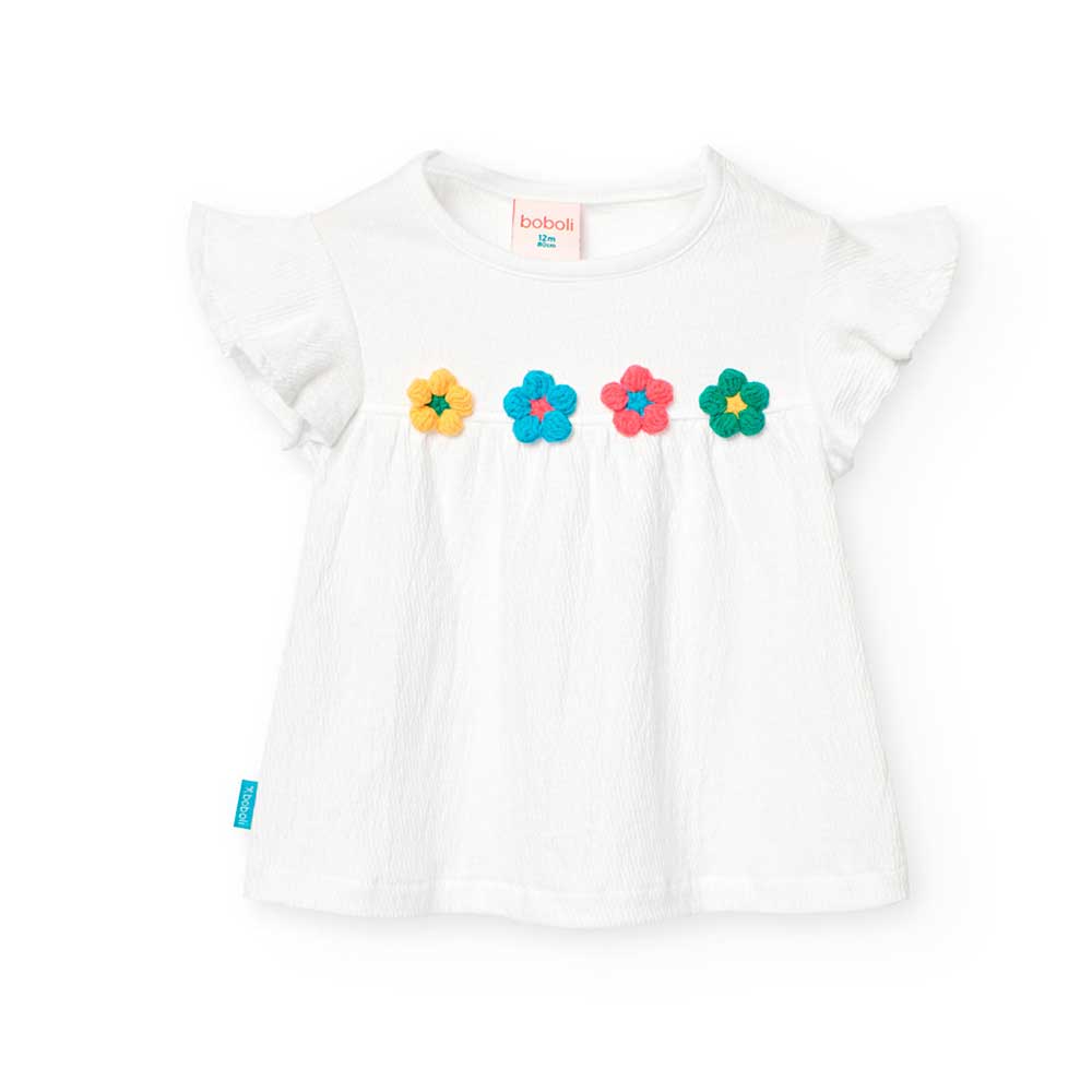 T-shirt from the Boboli Girls' Clothing Line, with multicolored embroidered flowers on the front....