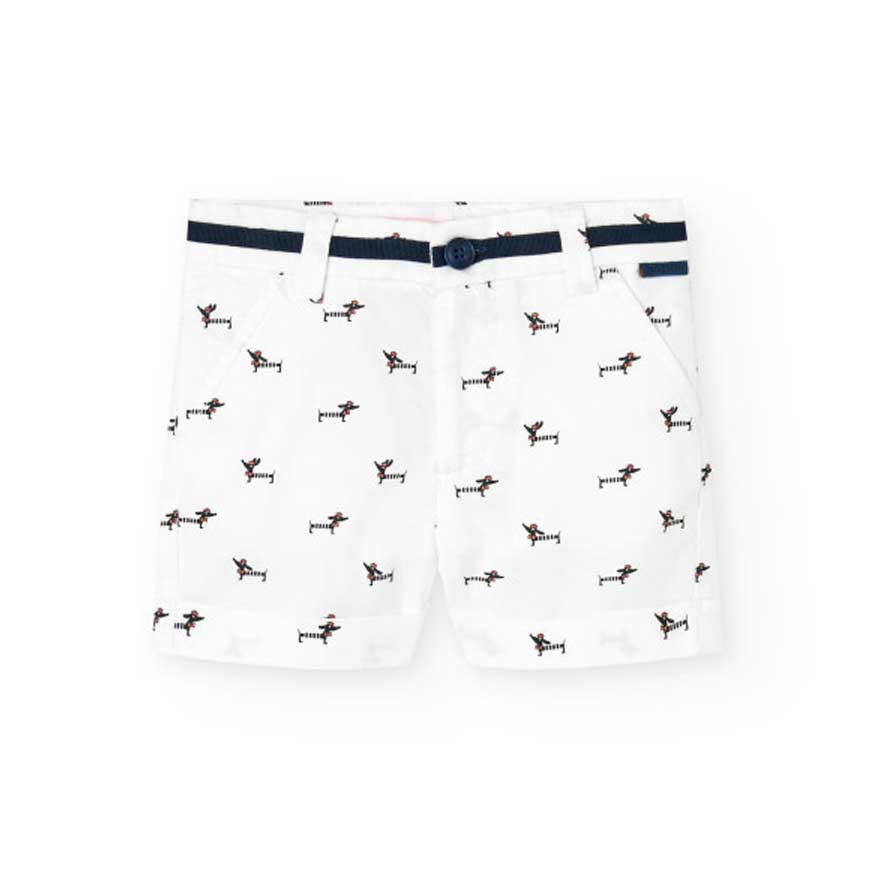 Short of the Children's Clothing Line Boboli, with a pattern of small dogs on a white background....