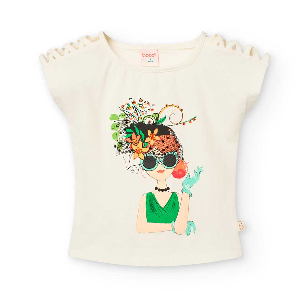 Boboli Girl's Clothing Line T-shirt, with rhinestone application on colorful print and perforated...