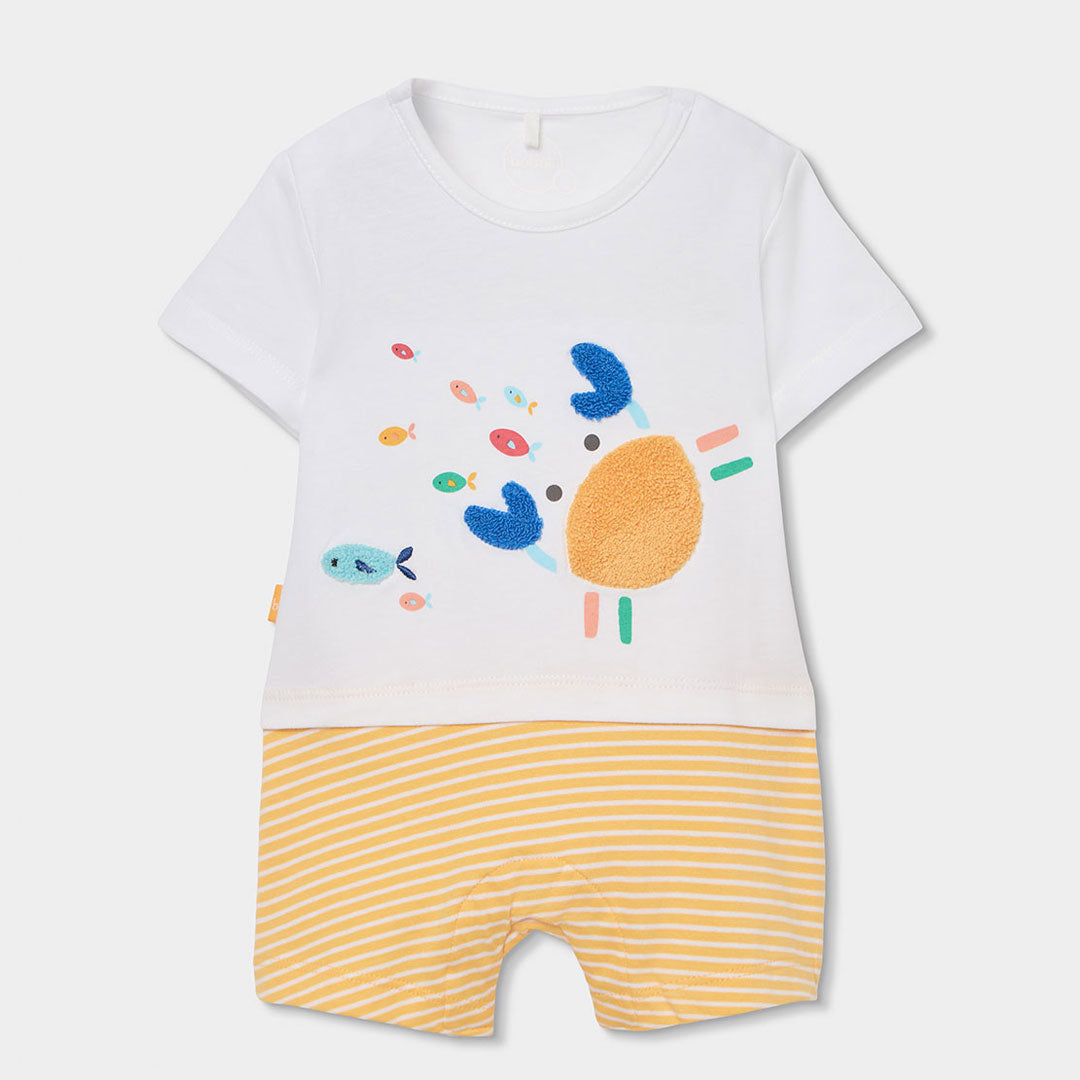 Boboli Children's Clothing Line Romper, with striped lower part and snap button closure. Solid co...