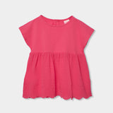 Maglietta jersey combinata per bambina, colore rosa con dettagli in pizzo.