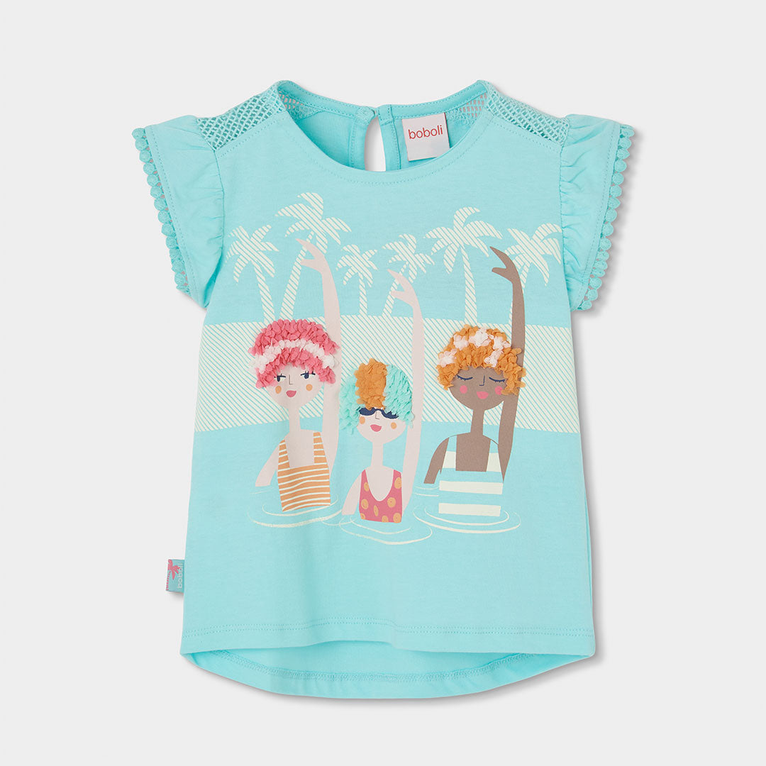 Boboli Girls' Clothing Line T-shirt, longer at the back, with rolled cuffs on the sleeves. The fr...