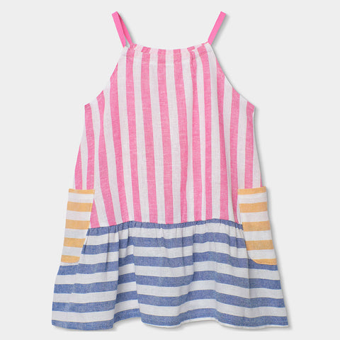 Vestito lino a righe - BOBOLI - Sesso: Bambina - Colore: Rosa - Stagione: Primavera-Estate