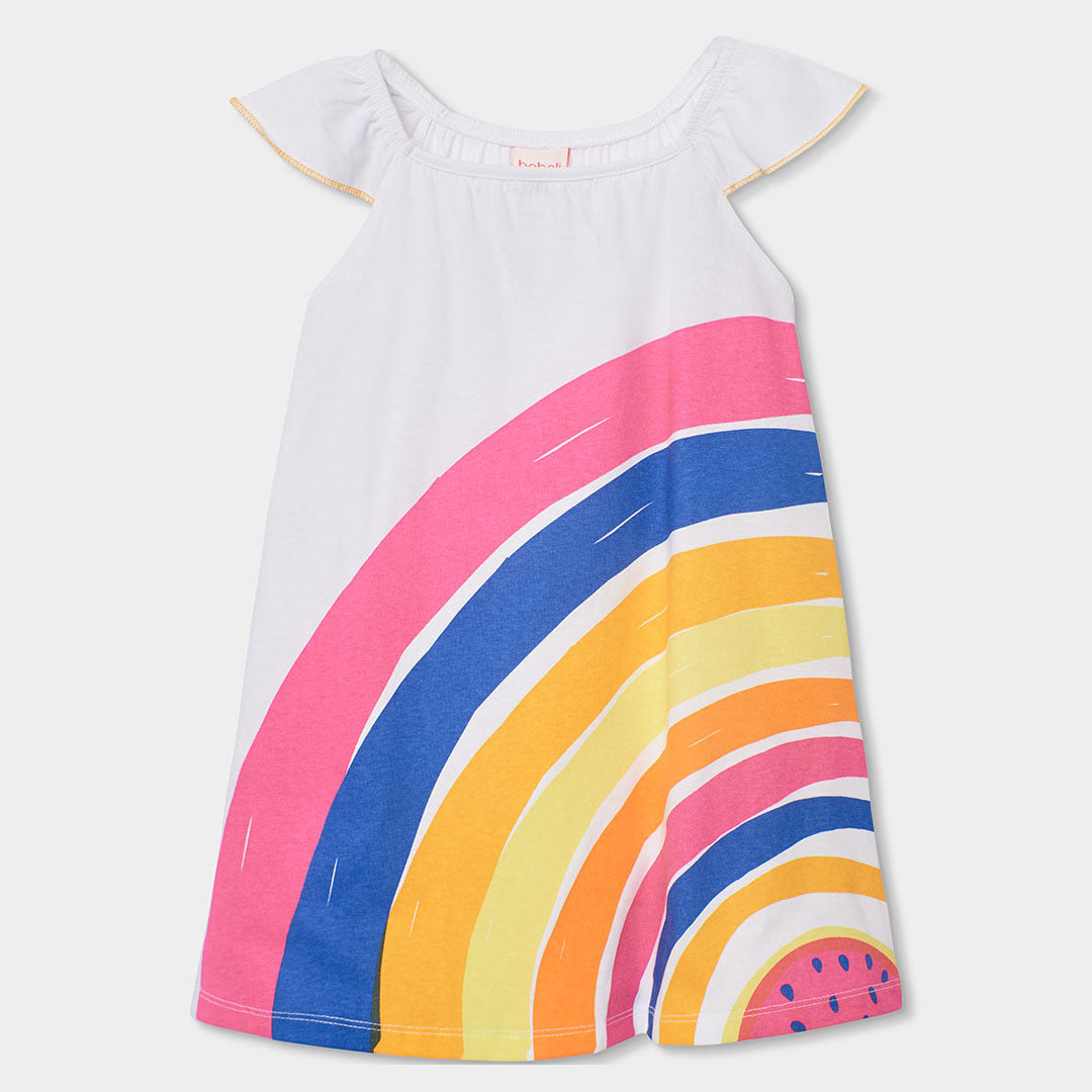 Dress from the Girls' Clothing Line Boboli, with a flared model and colorful print on a white bac...