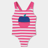 Costume da bagno a righe con bretelle e applicazione di mela.
