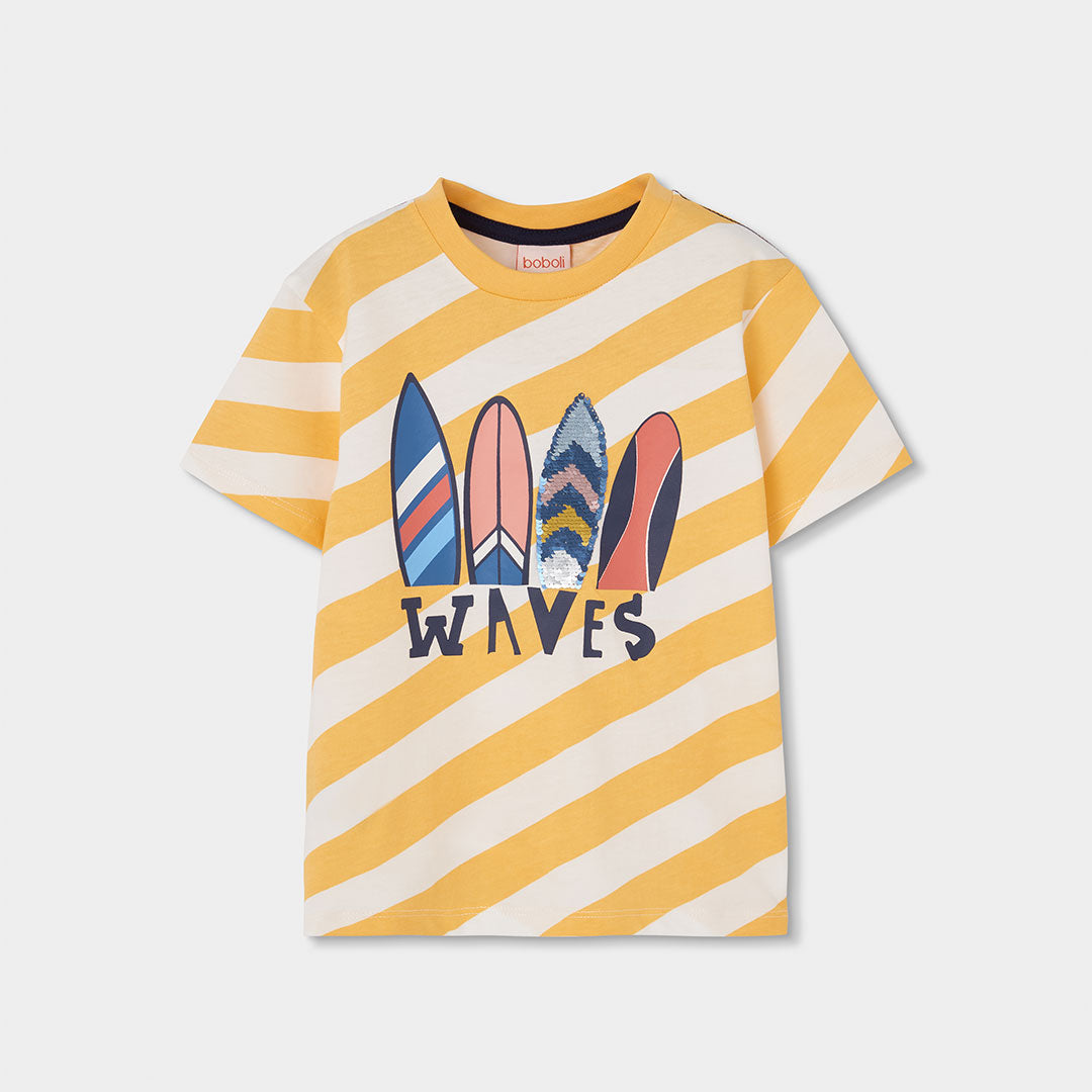 T-shirt from Boboli Children's Clothing Line, with striped pattern and colorful surf print on the...