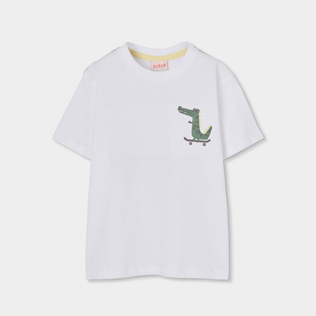 Boboli Children's Clothing Line T-shirt, with cute crocodile printed on the front and back. Contr...