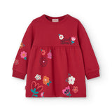 Abito in felpa bordeaux con stampe floreali per bambina.