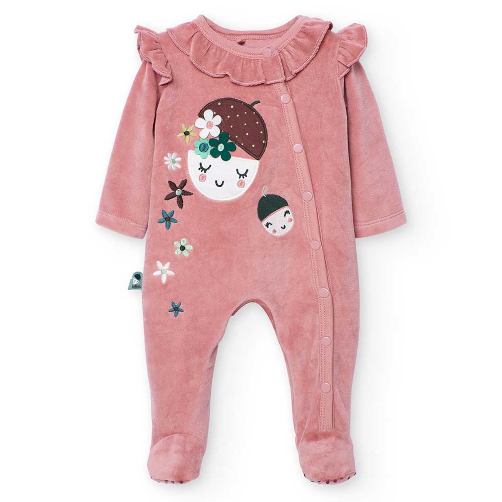 Baby Girl Clothing Line Boboli romper, in velour with footed bottoms and ruffles on the straps.

...