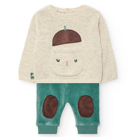 Completo bimbo composto da maglioncino e pantaloni in velluto rigato.