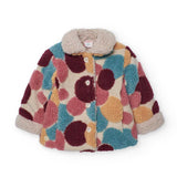Cappottino corto con colletto in pelliccia e pois multicolor per bambina.