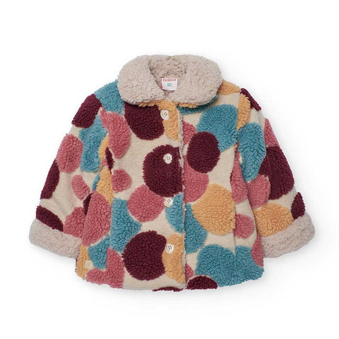 Cappottino corto con colletto in pelliccia e pois multicolor per bambina.