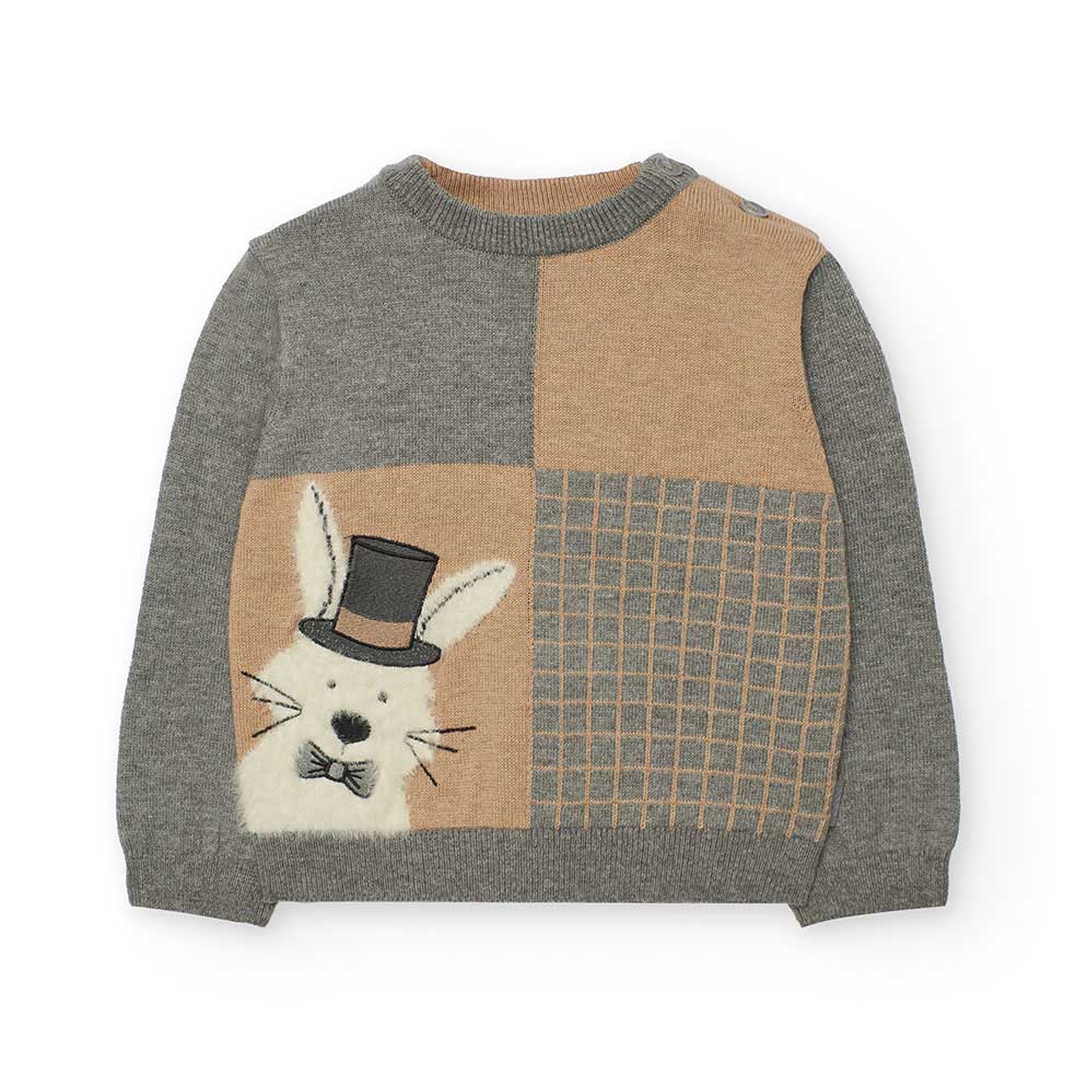 Sweater from the Children's Clothing Line Boboli, with a checkered design on the front and a rabb...