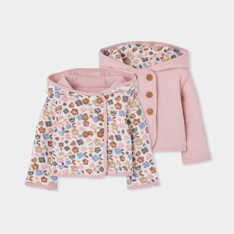 Giacchetta reversibile per neonata con fantasia floreale e lato rosa con cappuccio e bottoni in legno