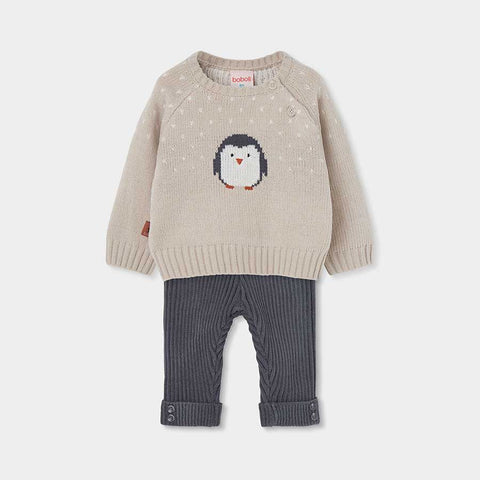 Set maglia beige con pinguino e pantaloni grigio a coste per bambina
