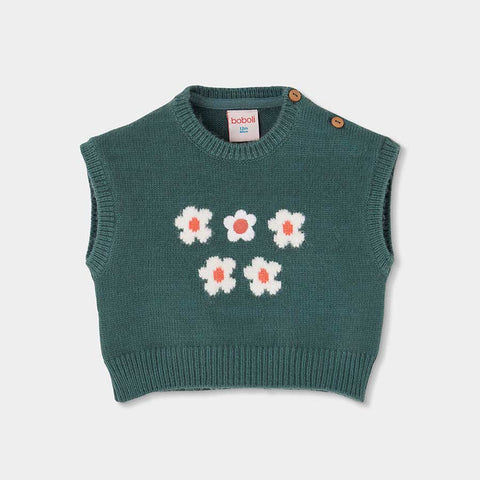 Gilet corto verde petrolio con fiori bianchi e arancioni, chiusura con bottoni spalla