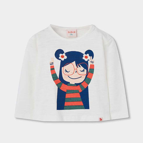 Maglietta manica lunga bianca con stampa bambina con occhiali e capelli blu