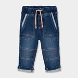 Pantaloni jeans denim elasticizzati blu con coulisse beige e risvolti per bambino