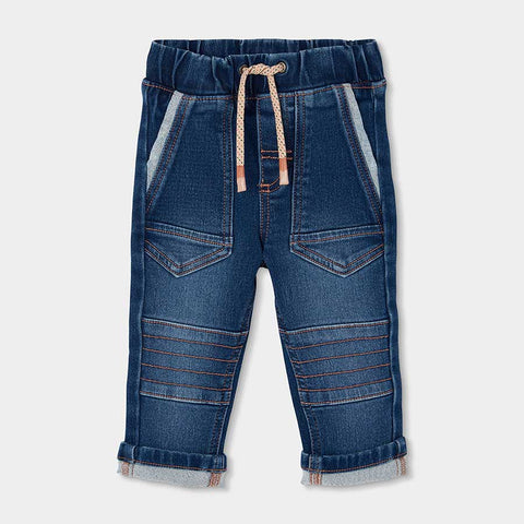 Pantaloni denim blu elasticizzati con coulisse e risvolti per bambino