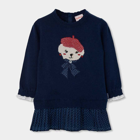 Vestito maglia blu con orsetto e gonna plissettata a pois per bambina