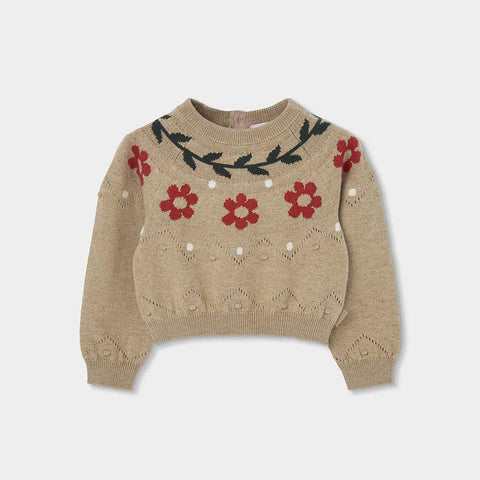 Maglione beige chiaro con motivi floreali rossi e verdi, maniche lunghe e collo rotondo