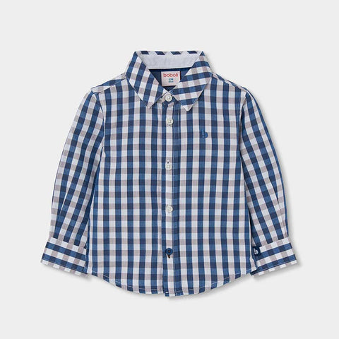 Camicia a quadri blu e bianca con colletto classico e bottoni per bambino