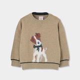 Maglione beige con motivo cane davanti e bottoni sulla spalla per bambino