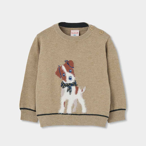 Maglione beige con motivo cane davanti e bottoni sulla spalla per bambino