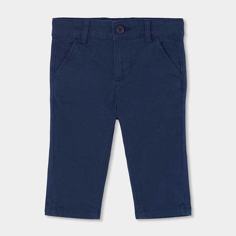 Pantaloni lunghi blu scuro in tessuto satinato per bambino con tasche laterali e bottone frontale