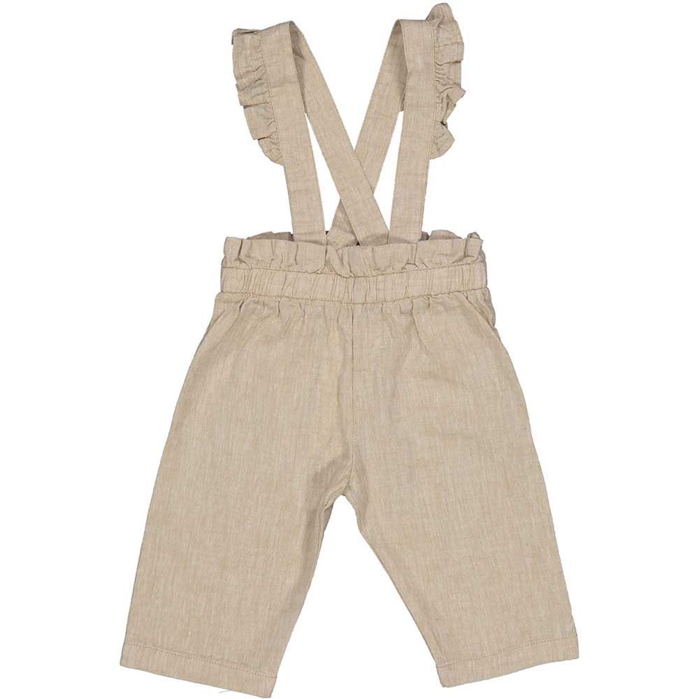 Linen trousers from the Birba girls' clothing line, with suspenders with applied curls and button...