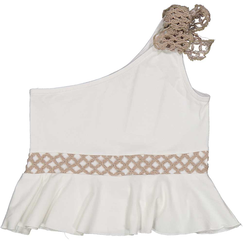 Top from the Trybeyond Girls' Clothing Line, with asymmetrical model and thread work on the front...