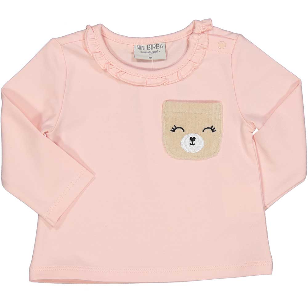 T-shirt from the Birba Girls' Clothing Line, featuring ruffles at the neckline and a cute embroid...