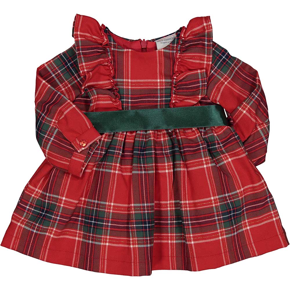 Dress from the Birba Girls' Clothing Line, with tartan pattern, green ribbon at the waist, and ru...