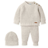 Completo bambino grigio chiaro in maglia con maglione, pantaloni senza piedi e berretto coordinato