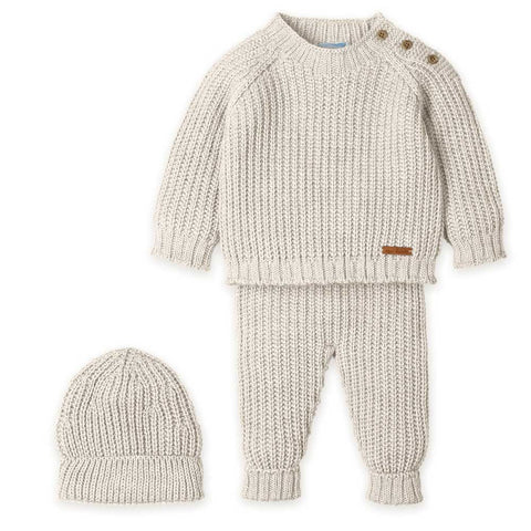 Completo bambino grigio chiaro in maglia con maglione, pantaloni senza piedi e berretto coordinato