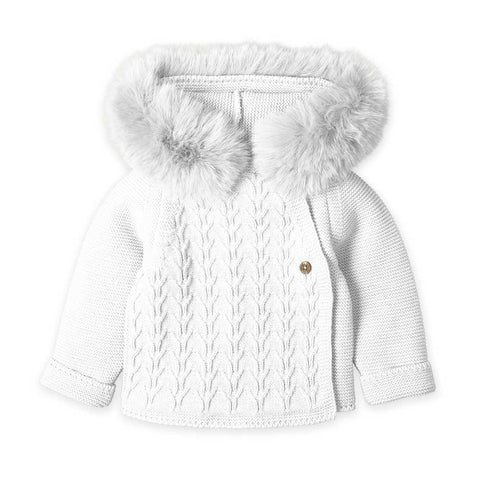 Cardigan bianco con cappuccio e bordo in eco pelliccia per bambina, motivo traforato davanti