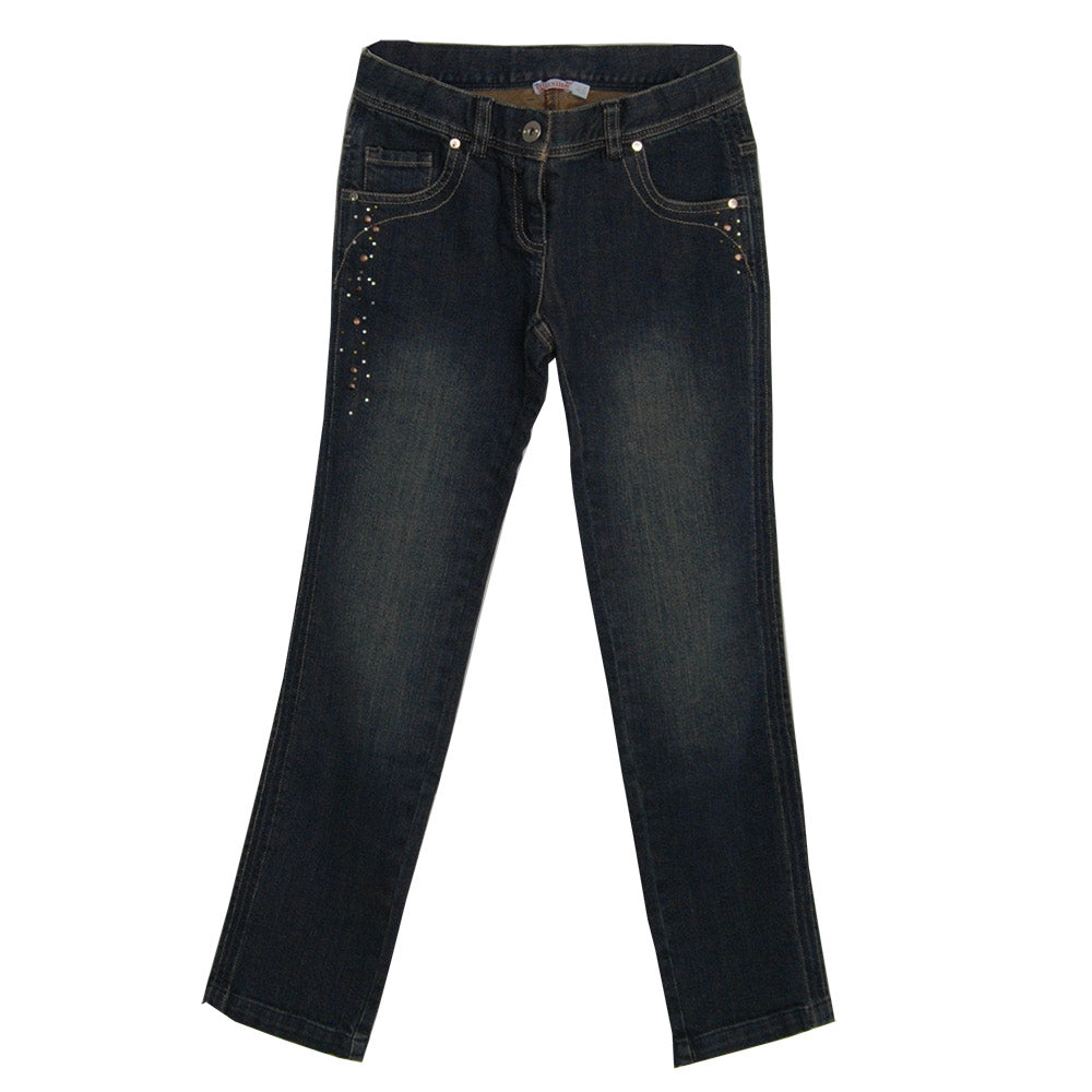 
  Jeans from the girls' clothing line Mirtillo. Five pocket model. Shades
  and rhinestones to l...