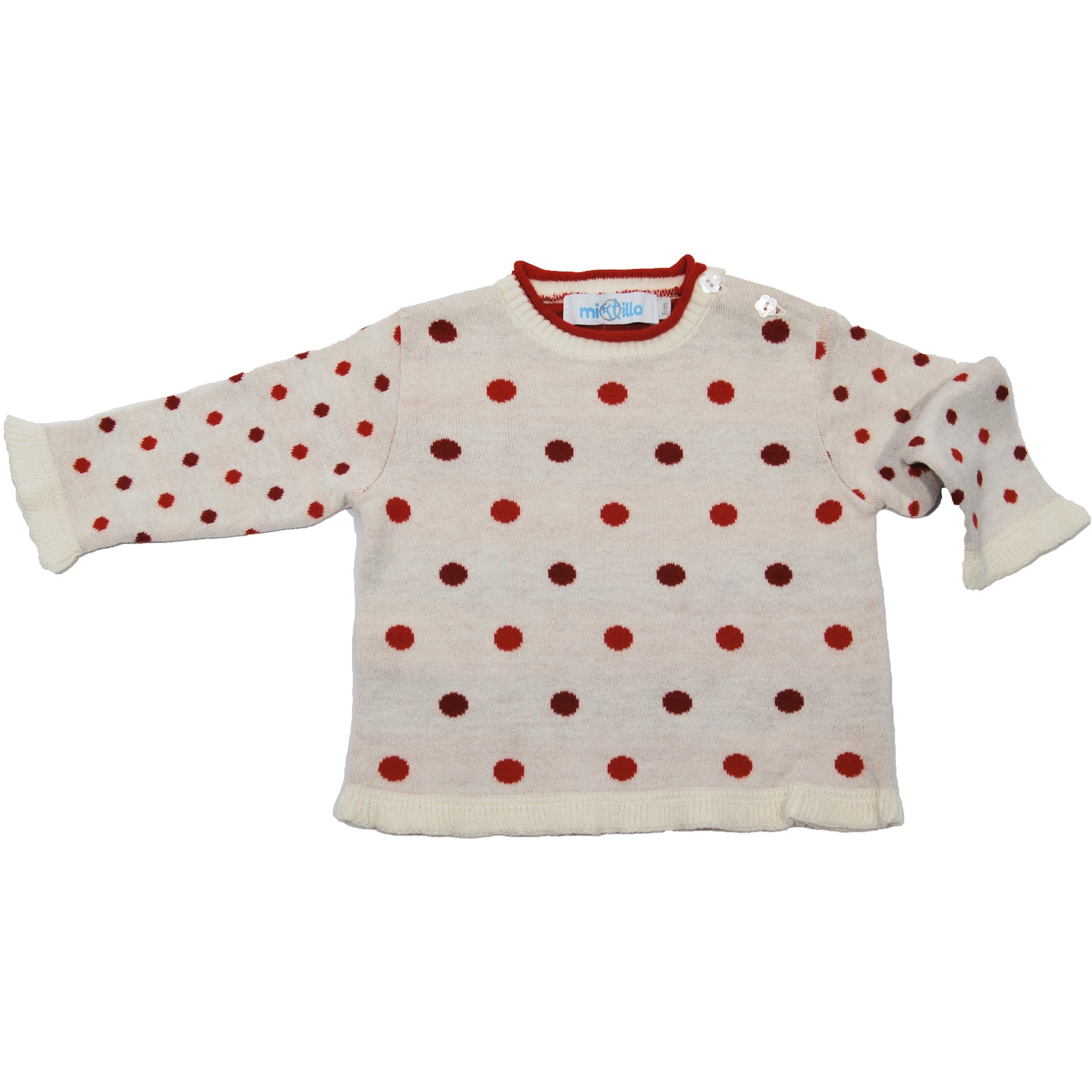 
  Girl's clothing line sweater with polka dots buttoned on the shoulder. 



  80% cotton - 20% ...