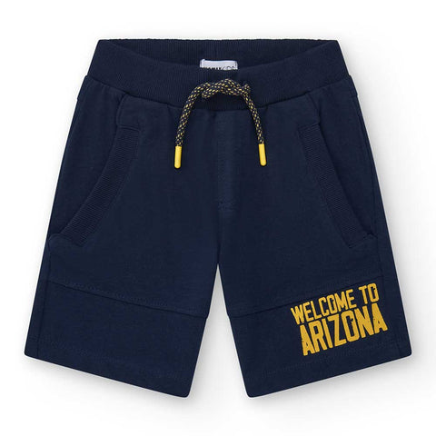 Bermuda blu navy con tasche e scritta gialla 'WELCOME TO ARIZONA'