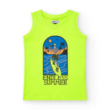 T-shirt senza maniche verde fluo con grafica estiva per bambini.