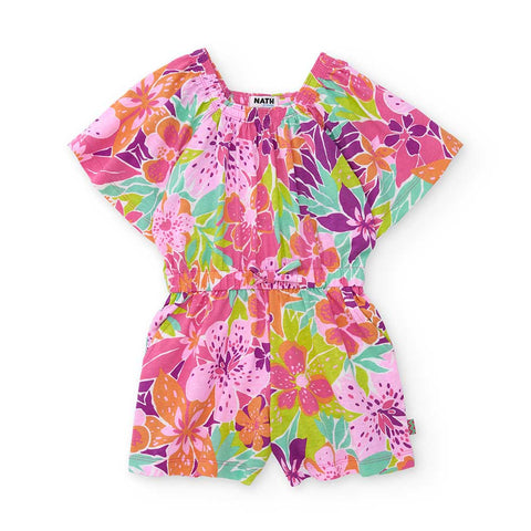 Tuta estiva multicolor per bambina con motivo floreale.