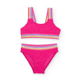 Costume da bagno bikini rosa con strisce multicolore e scritta 'GOOD VIBES'
