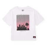 T-shirt bianca per bambini con design skyline di Miami.