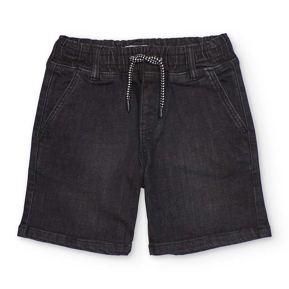Bermuda jeans elasticizzato nero con coulisse bianca e nera