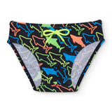 Costume da bagno Phelps Poolshark con design di squali colorati su sfondo nero.